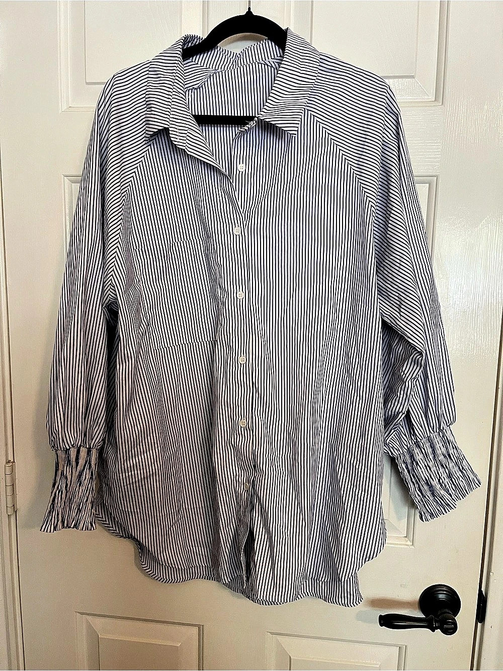 Asvivid Blue White Striped Button Down Shirt with Smocked Cuffs XXL